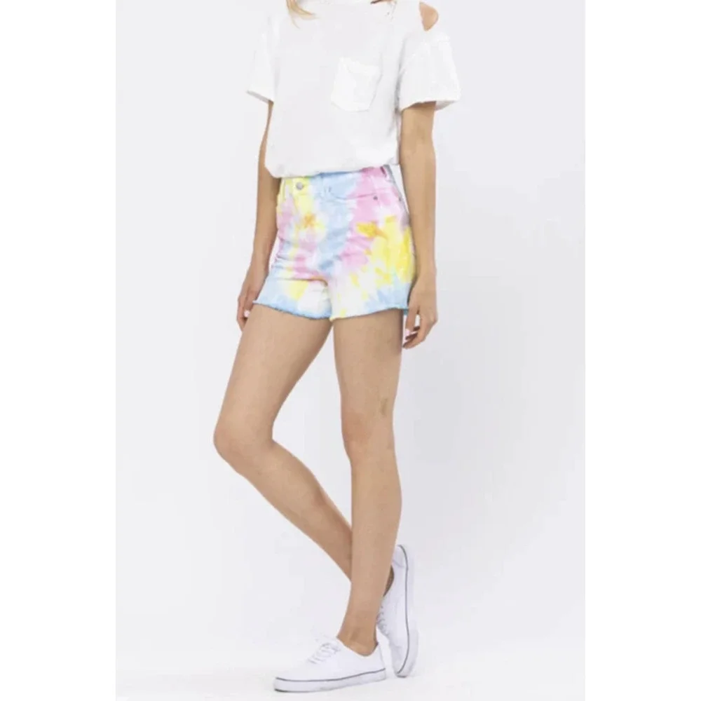 ✨2/$20 Judy Blue Swirl Tie Dye Raw Cut Off Denim Shorts Large Summer Festival - Picture 5 of 16